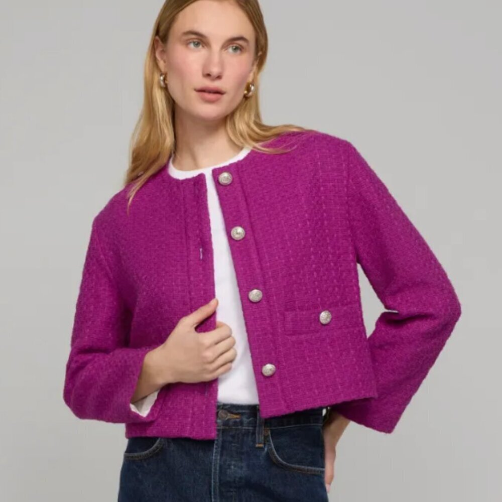 Maje Tweed Classic Crop Collarless Cotton-Blend 4 Button Blazer Jacket Pink, 42